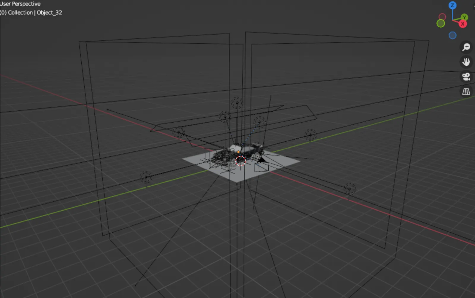 Blender viewport — camera and light rig around the car